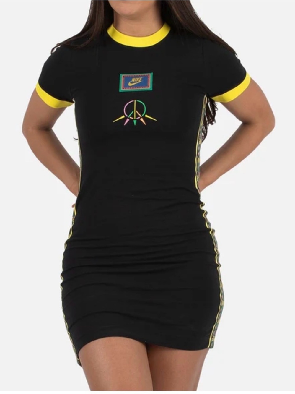 Nike Sportswear Essential Peace Sign Ringer Bodycon Dress Black Yellow L